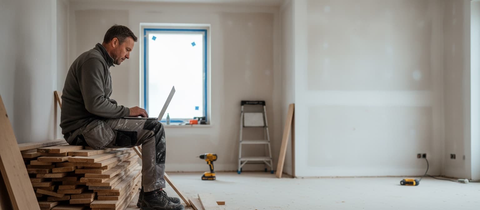 Aannemer bekijkt zijn calculatie op een laptop in een half verbouwde woning