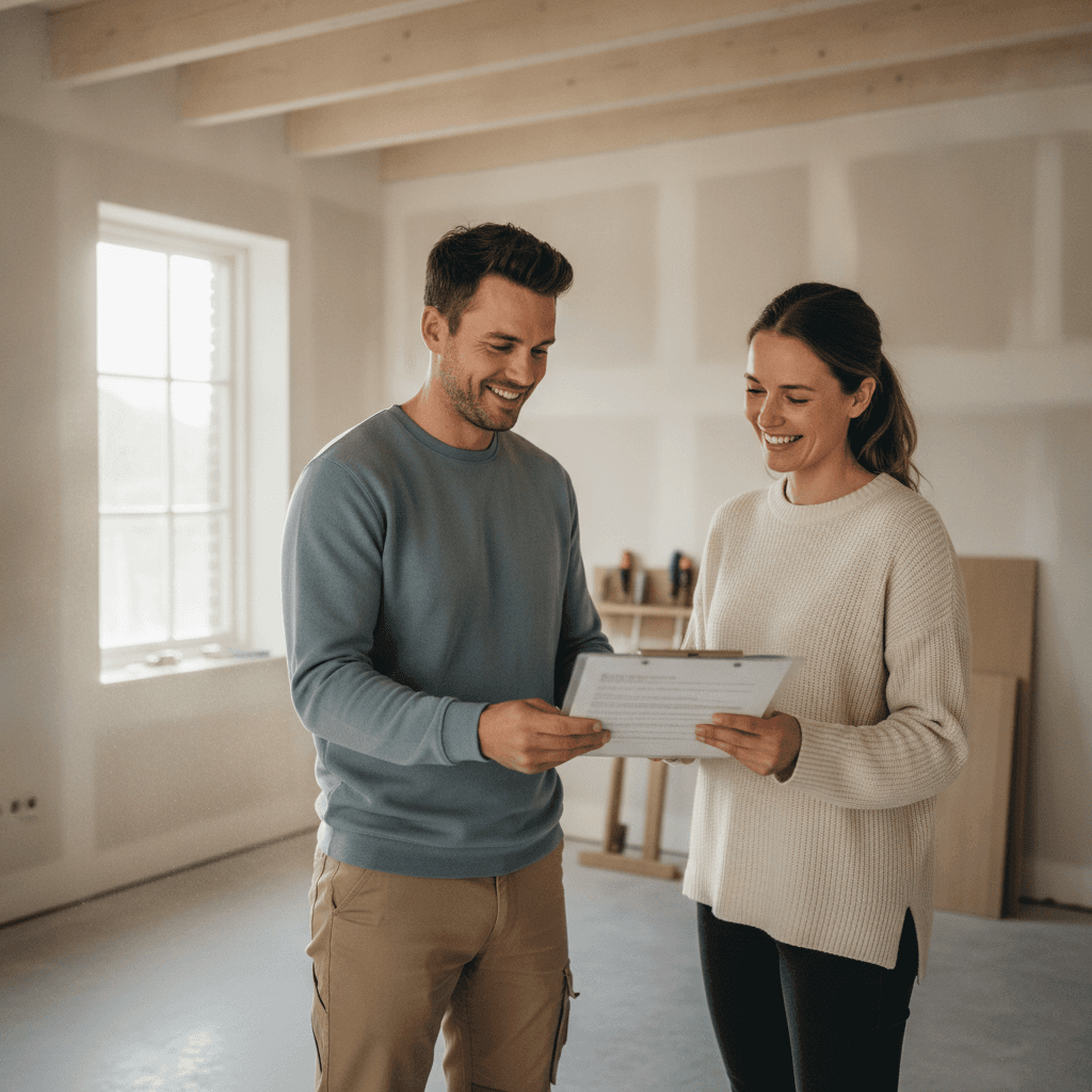 Aannemer overhandigt een heldere, nette offerte aan een klant op een lichte renovatie-bouwplaats